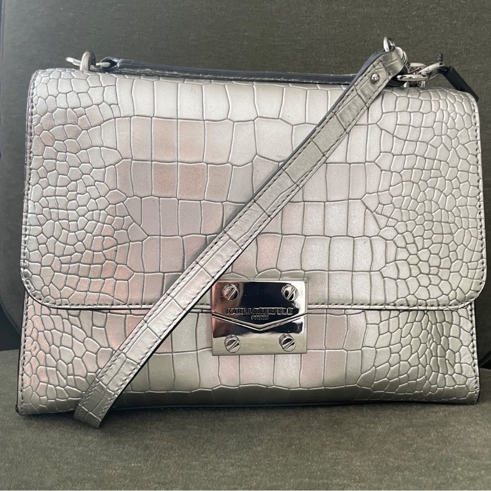 Karl Lagerfeld Metallic Silver Croc-Embossed Crossbody Bag